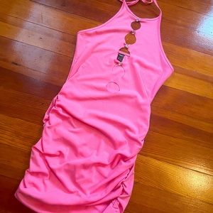 Pink bodycon mini dress with cut outs and rhinestones